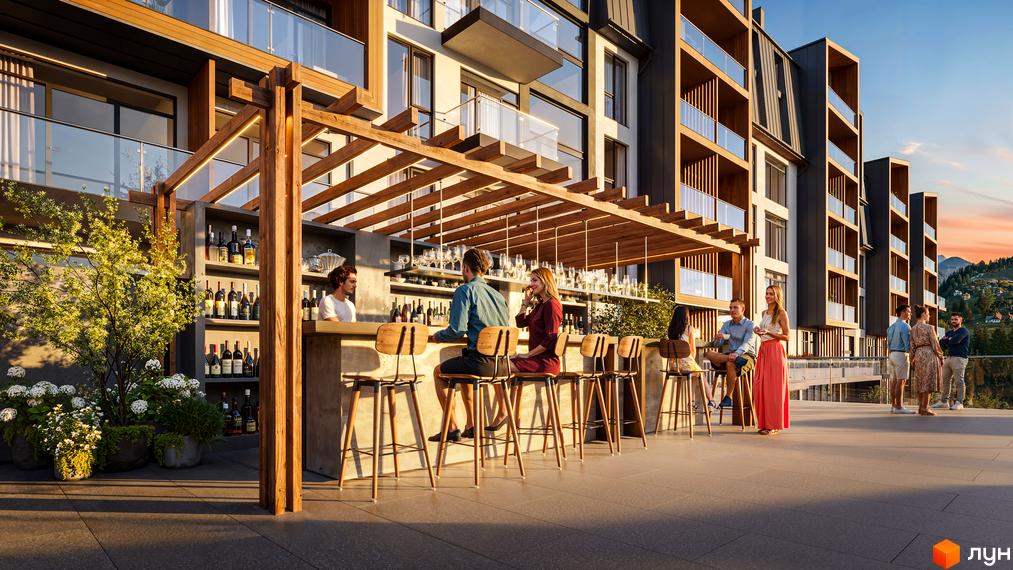 Житловий комплекс GRONO Family Residence має фасади світлих та темних кольорів. На прибудинковій території розташований відкритий бар з дерев'яною перголою та зоною відпочинку.