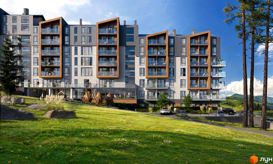 Житловий комплекс GRONO Family Residence з сірим фасадом, великими вікнами та балконами з дерев'яними елементами. Перед будинком зелений схил, дерева та дитячий майданчик.