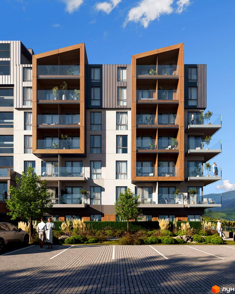 Житловий комплекс GRONO Family Residence: багатоповерхові будинки з дерев'яними балконами та скляними поручнями. Озеленена територія, парковка, гори.