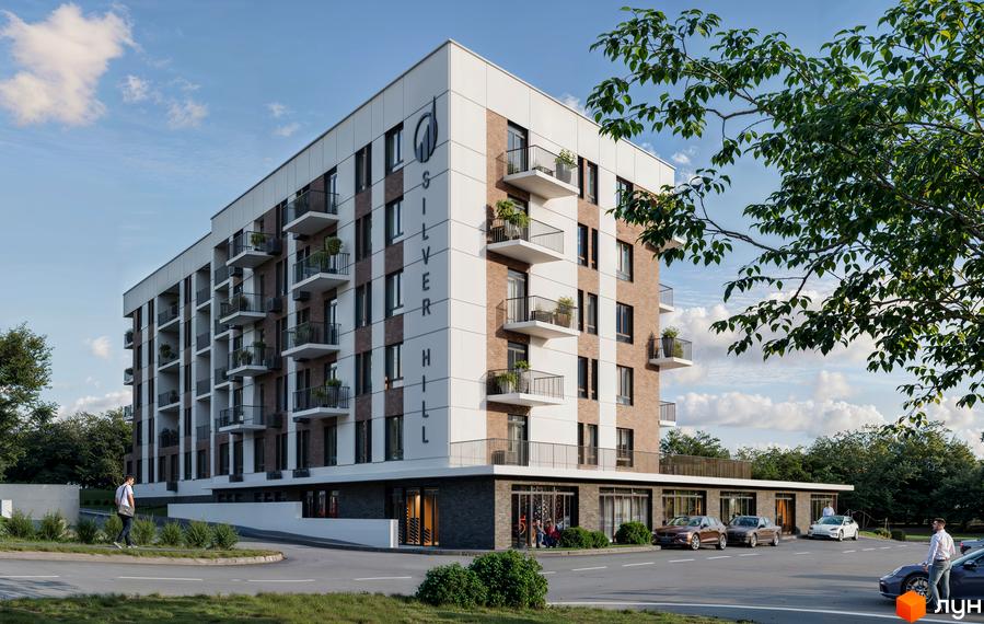 Фасад Житлового комплексу Silver Hill з білими панелями та цегляними вставками, балконами. Прилегла територія з парковкою та доглянутою зеленню.