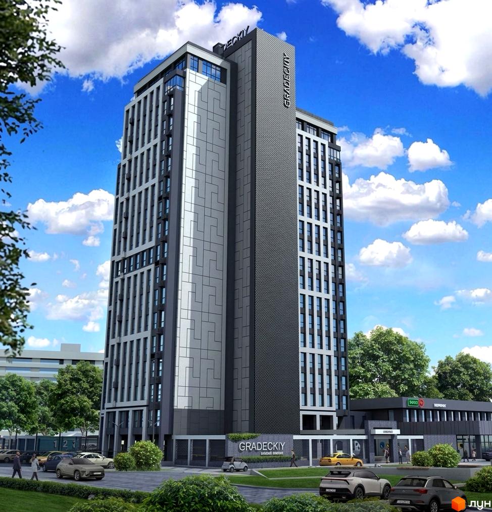Житловий комплекс GradecSky: висотний будинок з комбінованим темно-сірим та світлим фасадом, поруч зелені насадження та дорога з автомобілями.
