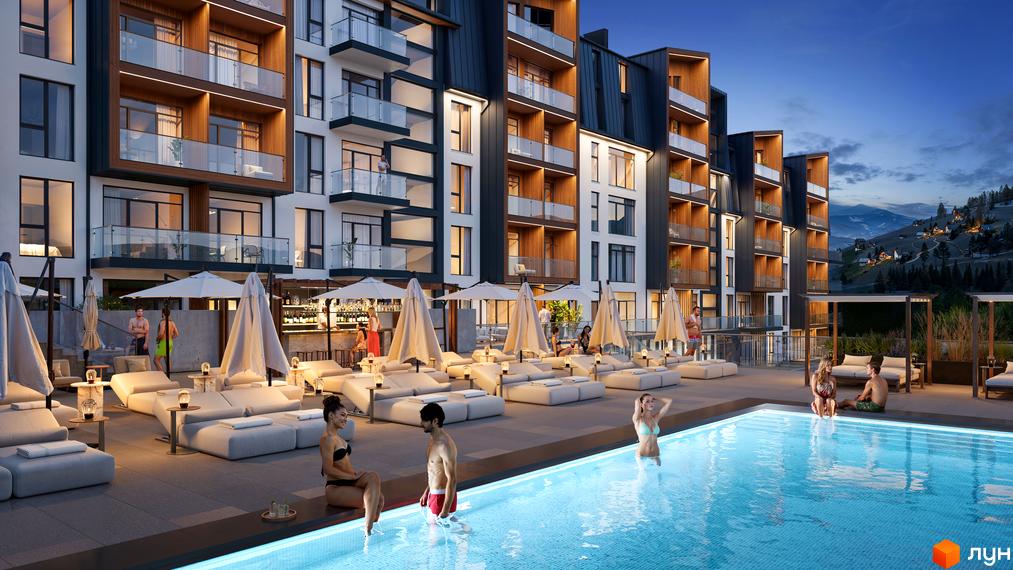 Новобудова GRONO Family Residence з басейном та зонами відпочинку на фоні гірського пейзажу. Зовнішній вигляд комплексу з балконами та сучасним дизайном.