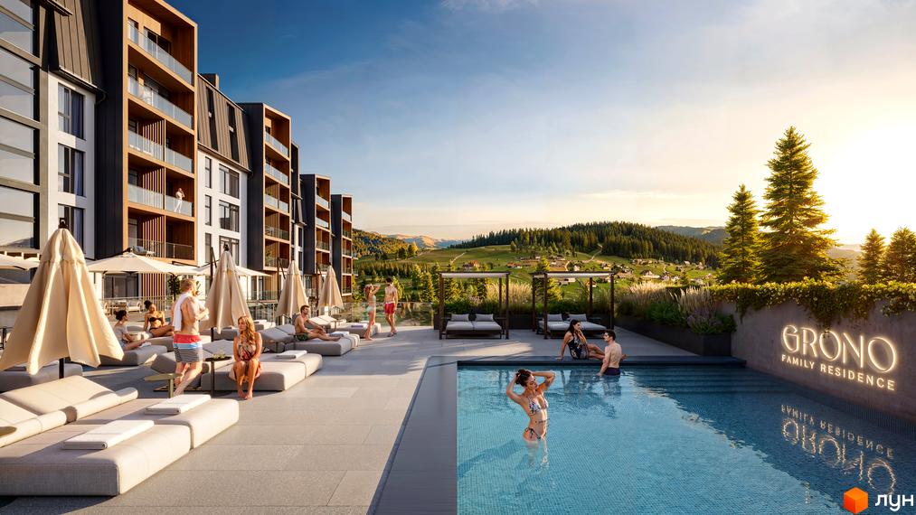 GRONO Family Residence - комплекс з сучасною архітектурою та зоною відпочинку біля басейну з краєвидом на гори. Відкритий басейн та тераса для відпочинку.