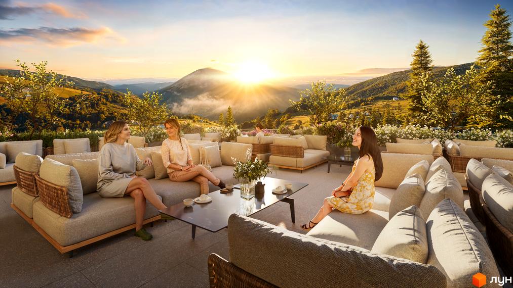 GRONO Family Residence: тераса з диванами та видом на гори. Затишна зона відпочинку на свіжому повітрі з мальовничим пейзажем.