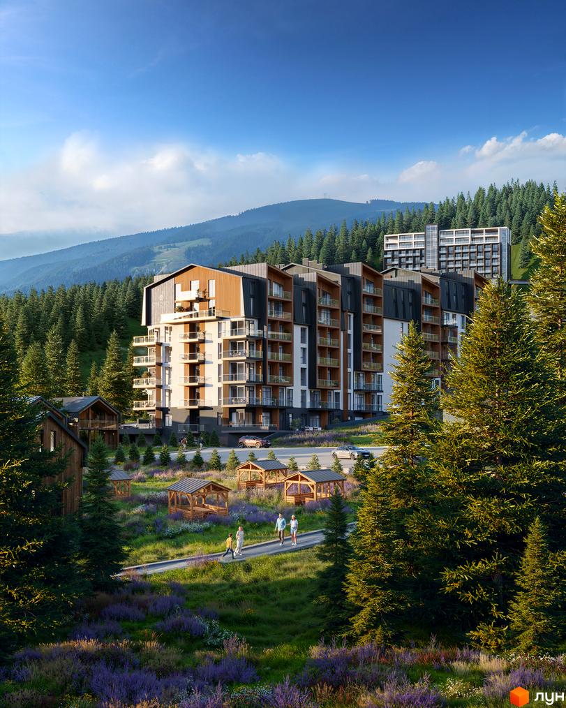 Житловий комплекс GRONO Family Residence з багатоповерховими будинками та дерев'яними альтанками на фоні гір та лісу.