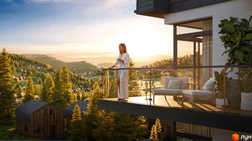 Житловий комплекс GRONO Family Residence з великими вікнами та балконом, оточений сосновим лісом і гірським ландшафтом на світанку.