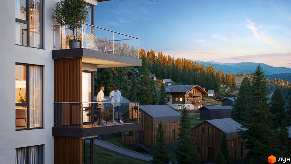 Житловий комплекс GRONO Family Residence з балконами та видом на гірський ландшафт з дерев'яними будиночками. Зовнішній вигляд новобудови та прибудинкова територія.
