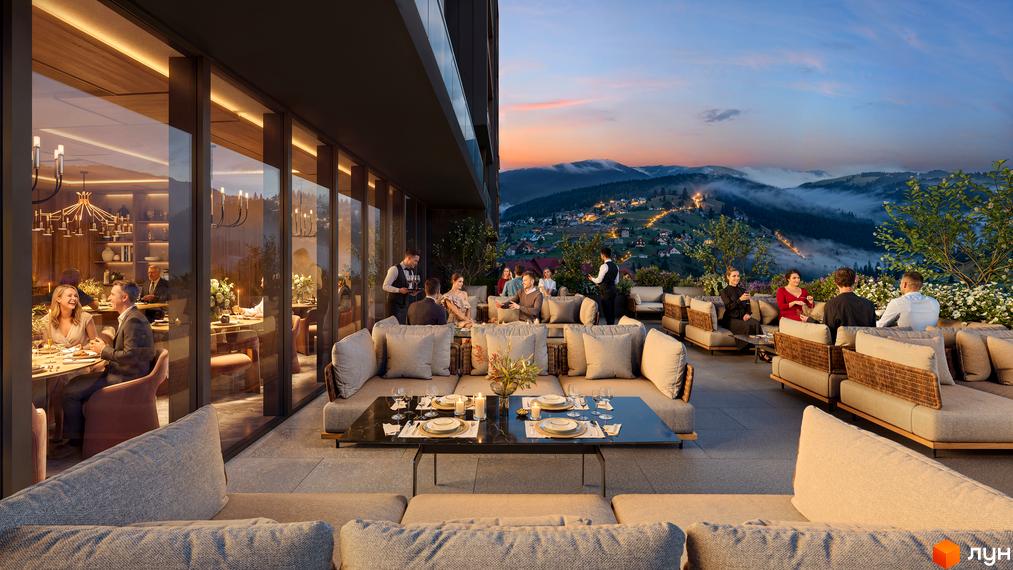 GRONO Family Residence: тераса з диванами та гірським пейзажем на заході сонця. Інтер'єр ресторану з людьми за столиками.