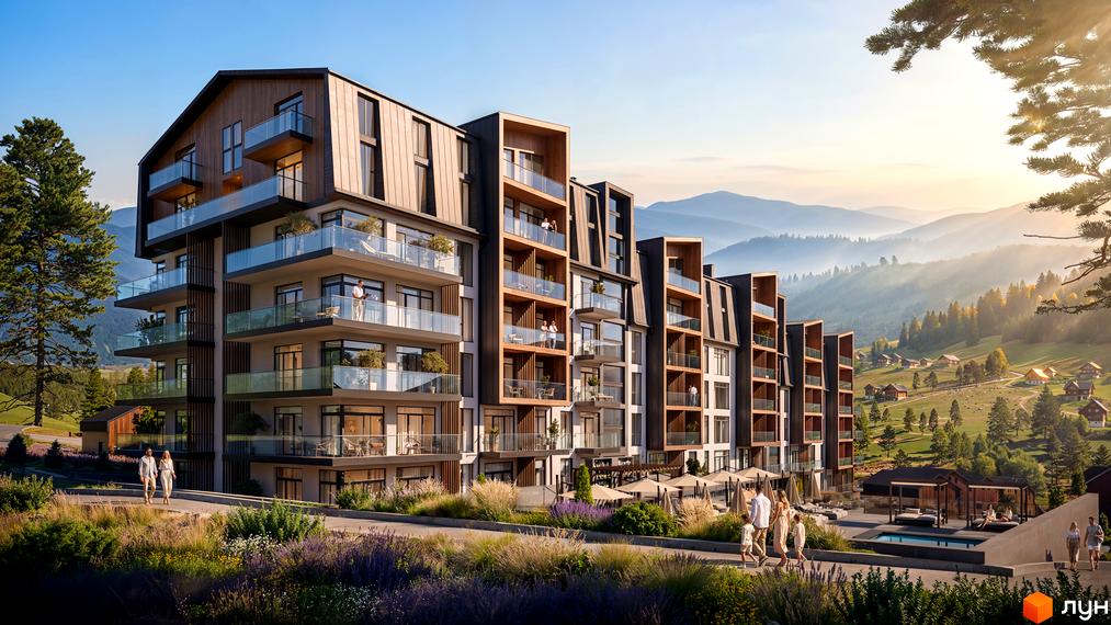 Житловий комплекс GRONO Family Residence з багаторівневими будинками, скляними балконами та дерев'яними елементами, розташований серед гірського ландшафту.