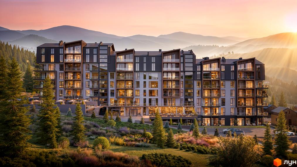 Житловий комплекс GRONO Family Residence з багатоповерховими будівлями та балконами, оточений деревами та гірським пейзажем на заході сонця.