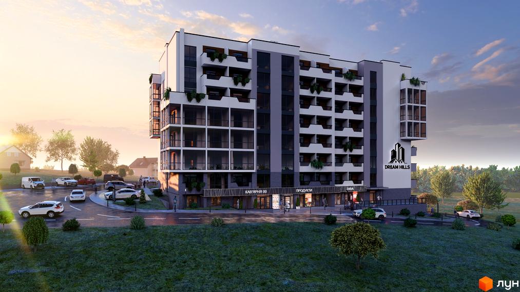 Новобудова DREAM HILLS з балконами та великими вікнами, поруч парковка та зелена зона. Зовнішній вигляд будинку та прибудинкова територія.