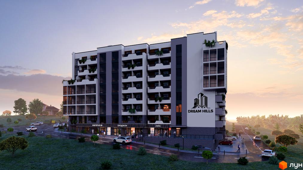 Новобудова DREAM HILLS з численними балконами та панорамними вікнами, оточена зеленою зоною та дорогою з автомобілями.