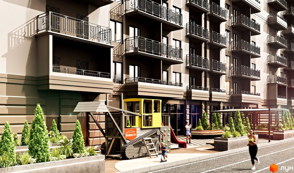 Житловий комплекс Еллада: багатоповерховий будинок зі світлим фасадом та балконами, облаштований дитячим майданчиком та зеленими насадженнями.