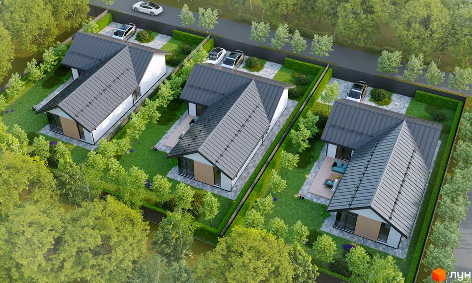 Котеджне містечко КМ Sun Coast: три сучасні будинки з сірими дахами та білими стінами, розташовані на доглянутих ділянках із зеленими газонами та деревами.