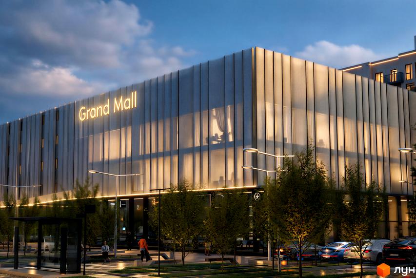 Новобудова Grand Residence Chernivtsi із зовнішнім освітленням та підсвіченим написом 