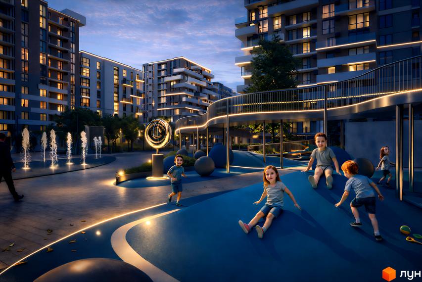 Житловий комплекс Grand Residence Chernivtsi з багатоповерховими будинками та освітленими вікнами. На прибудинковій території дитячий майданчик, фонтан та декоративне освітлення.