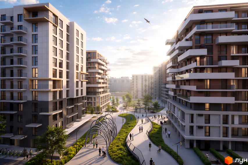 Житловий комплекс Grand Residence Chernivtsi з сучасними фасадами та балконами, облаштована прибудинкова територія з пішохідними доріжками та зеленню.