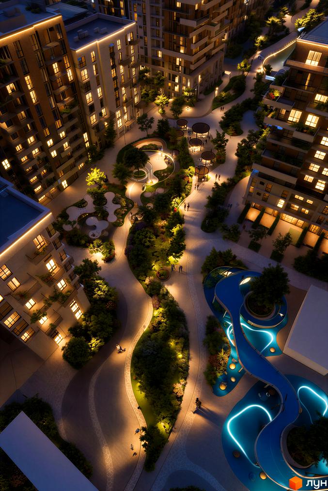 Житловий комплекс Grand Residence Chernivtsi з підсвіченими фасадами та зеленим ландшафтним дизайном, що включає зони відпочинку та дитячий майданчик.