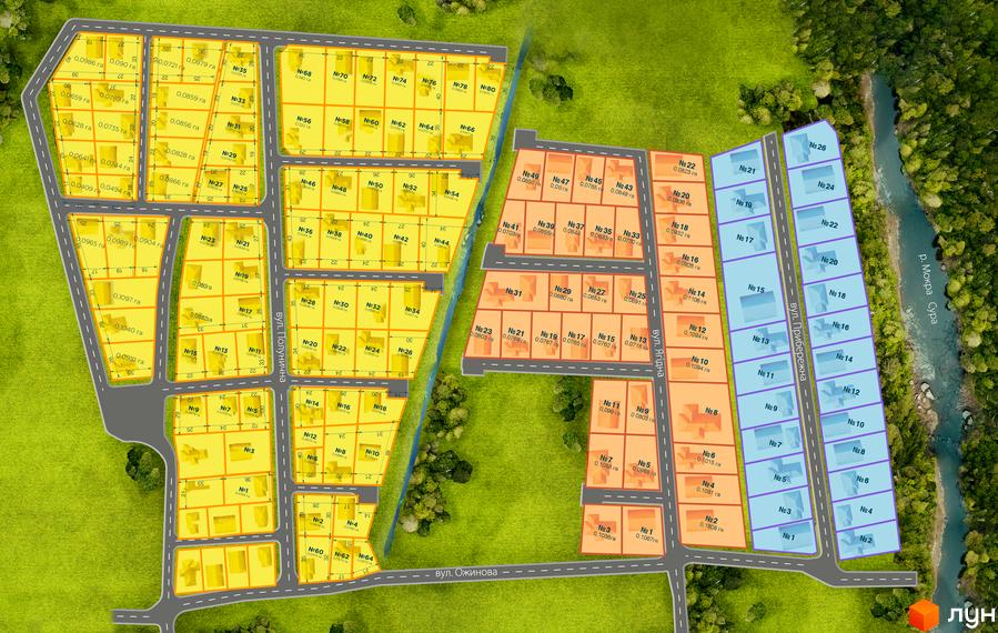 План котеджного містечка КМ Sun Coast з позначенням ділянок та будинків. Територія оточена зеленню та річкою.