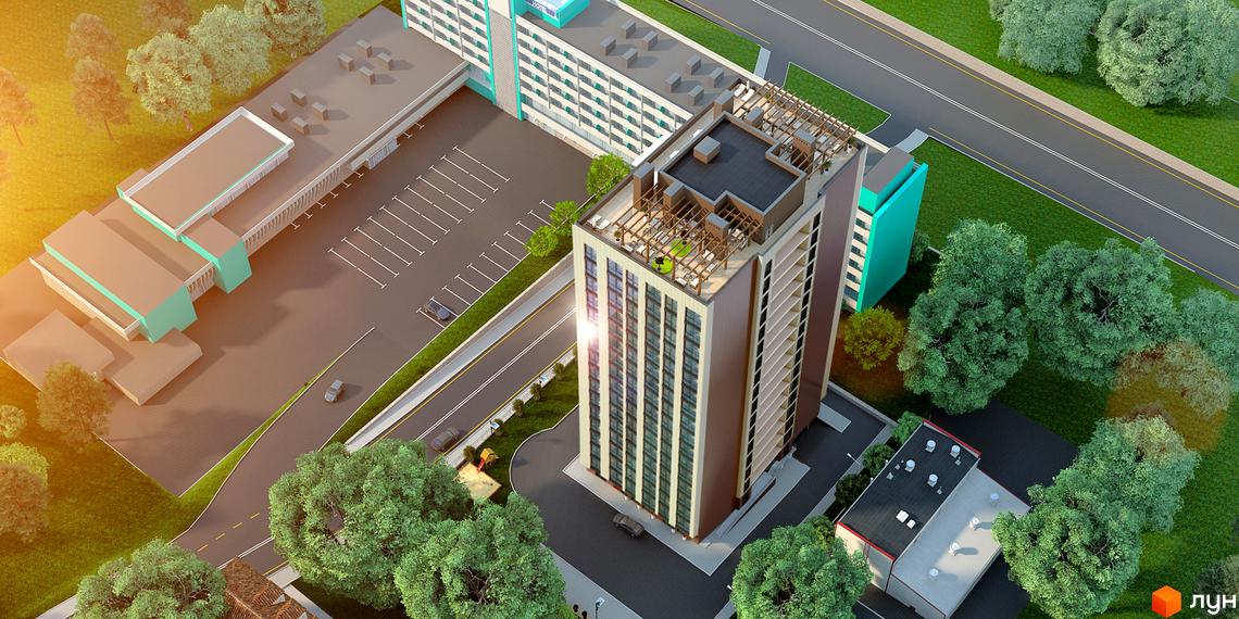Житловий комплекс Лайтхаус. Сучасна багатоповерхова будівля з відкритими терасами та зеленою зоною на даху. Навколо комплексу розташовані дерева та паркувальні місця.