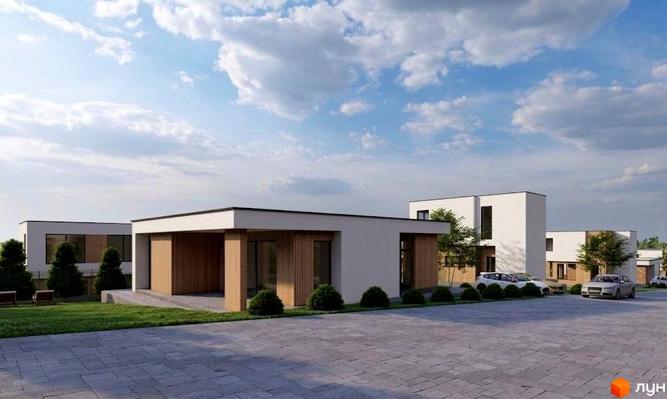 Зовнішній вигляд будинків котеджного містечка КМ Eco Park з прибудинковою територією та паркуванням. Фото новобудови.