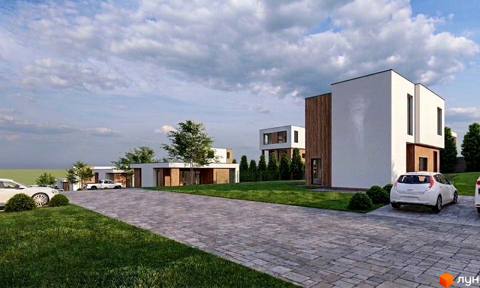 Котеджне містечко Eco Park: будинки з білими фасадами та дерев'яними вставками, оточені зеленими газонами та доріжками.