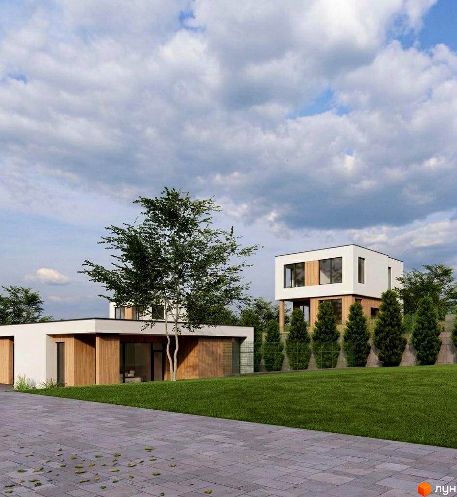 Котеджне містечко Eco Park: двоповерхові будинки з дерев'яними елементами та великими вікнами, доглянутий газон та вимощена доріжка.