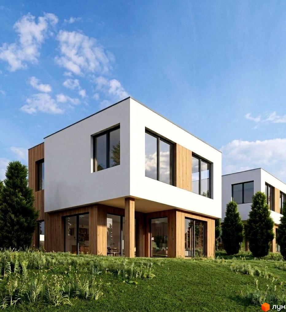 Котеджне містечко КМ Eco Park: двоповерхові будинки з дерев'яними та білими фасадами, великими вікнами, на тлі блакитного неба з хмарами та зеленого ландшафту.