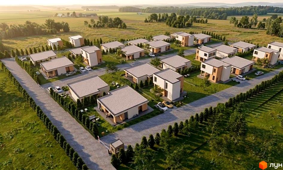 Котеджне містечко КМ Eco Park: сучасні будинки з пласкими дахами та прибудинковою територією з зеленими насадженнями. Забудова розташована серед полів та лісів.