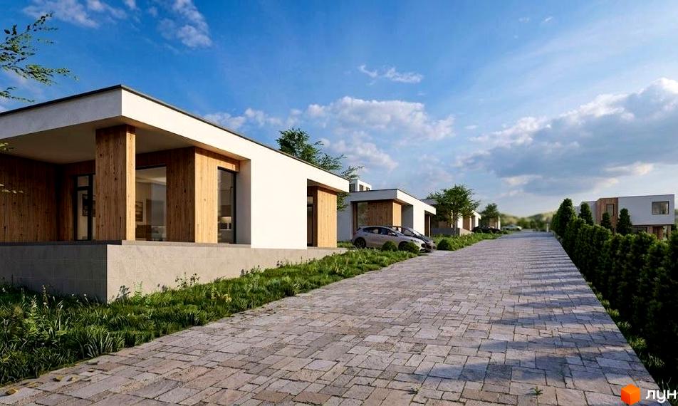 Котеджне містечко КМ Eco Park: одноповерхові будинки з дерев'яними елементами та бруківкою на під'їзді. Зелена територія з деревами та кущами.