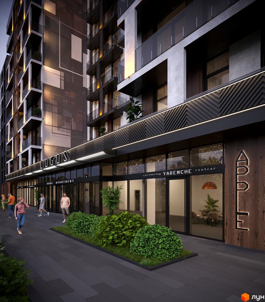 Житловий комплекс Logos Home Apartment з фасадом з текстурованих матеріалів та скляними балконами. Поруч розташована доглянута прибудинкова територія з кущами та пішохідною зоною.