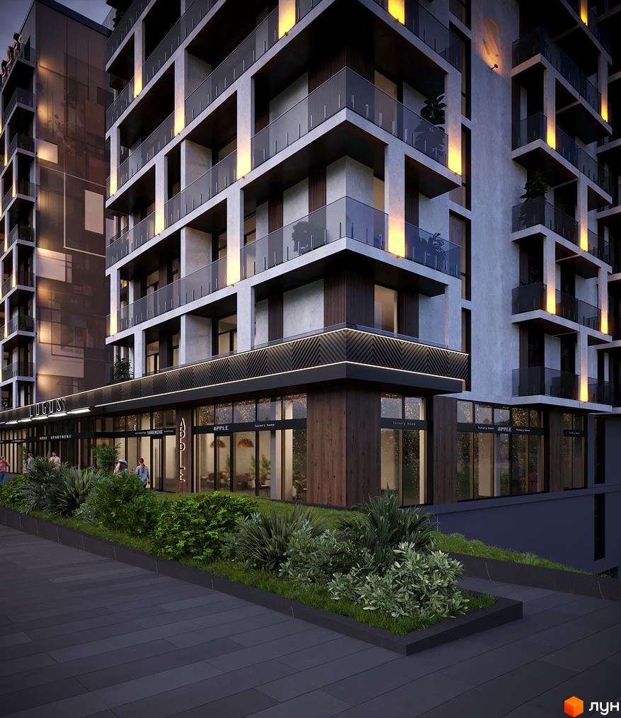 Новобудова Logos Home Apartment з скляними балконами та підсвіткою. Навколо зелені насадження та пішохідна зона.