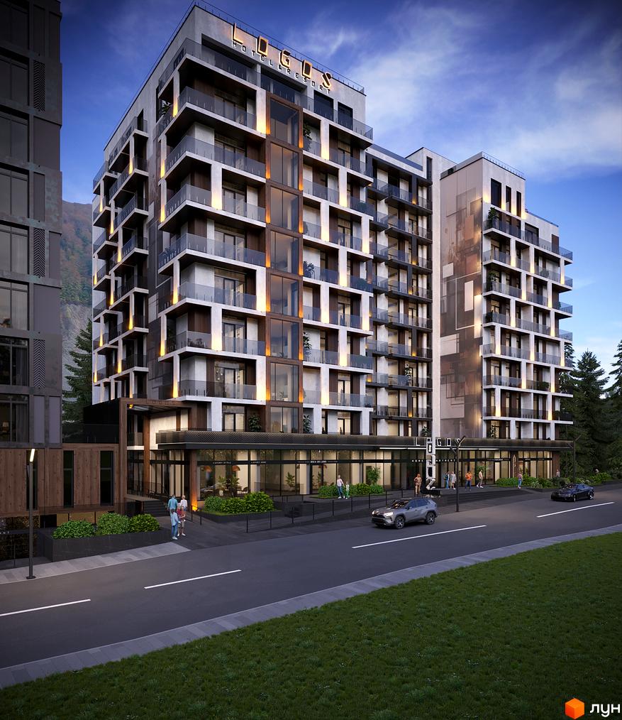 Новобудова Logos Home Apartment з панорамними вікнами та балконами, розташована біля дороги з автомобілями та зеленою зоною.