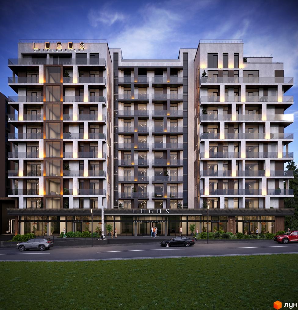 Логос Хоум Апартмент - комплекс з багатоповерховими будинками, балконами та комерційними приміщеннями на першому поверсі. Перед будинком дорога та зелена зона.