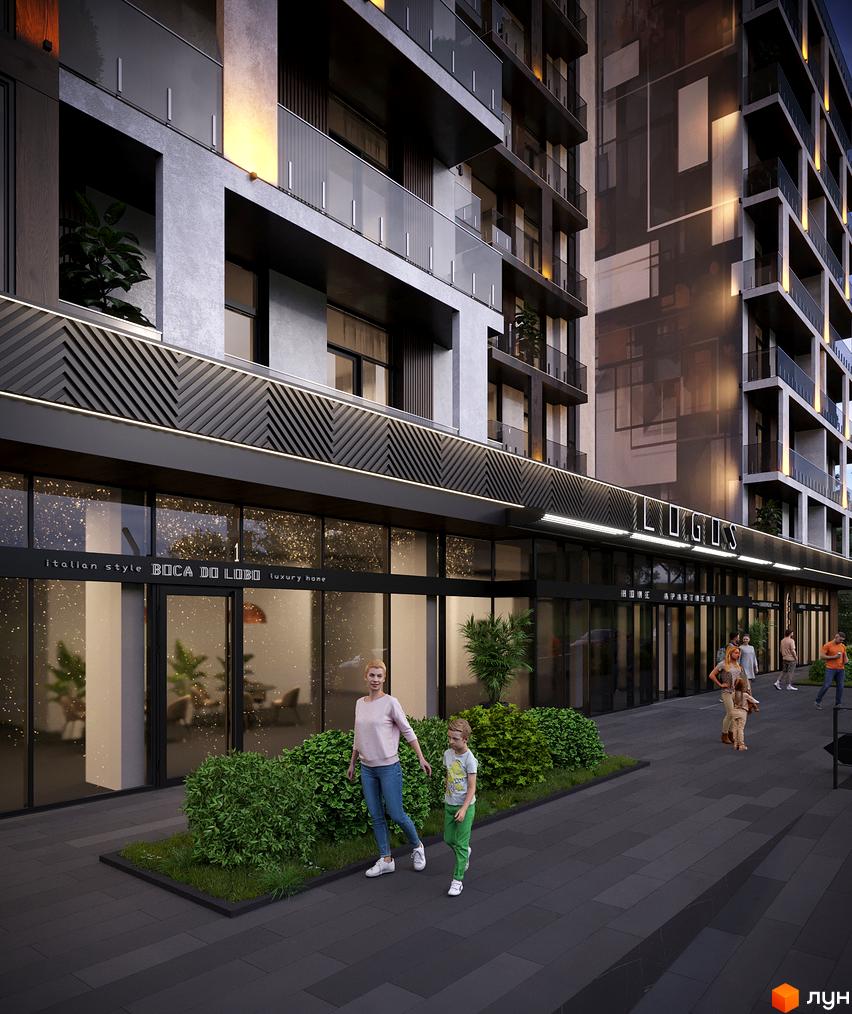 Зовнішній вигляд житлового комплексу Logos Home Apartment з фасадом з бетону та скла, балконами та підсвіткою. Прибудинкова територія з кущами та пішохідною доріжкою.