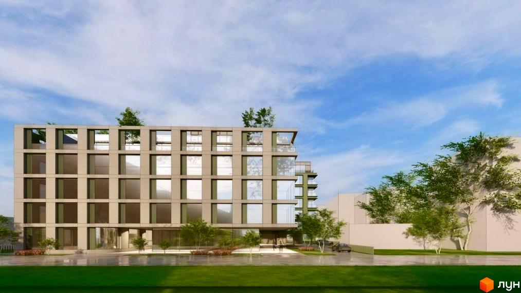 Житловий комплекс S 32 - це сучасна новобудова з великими вікнами та балконами, оточена зеленню та деревами. На території є парковка та доглянутий газон.