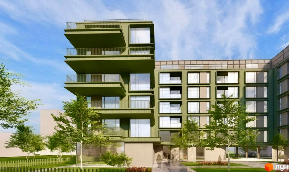 Зовнішній вигляд новобудови ЖК S 32 з балконами та великими вікнами, зелена прибудинкова територія з деревами та парканом.