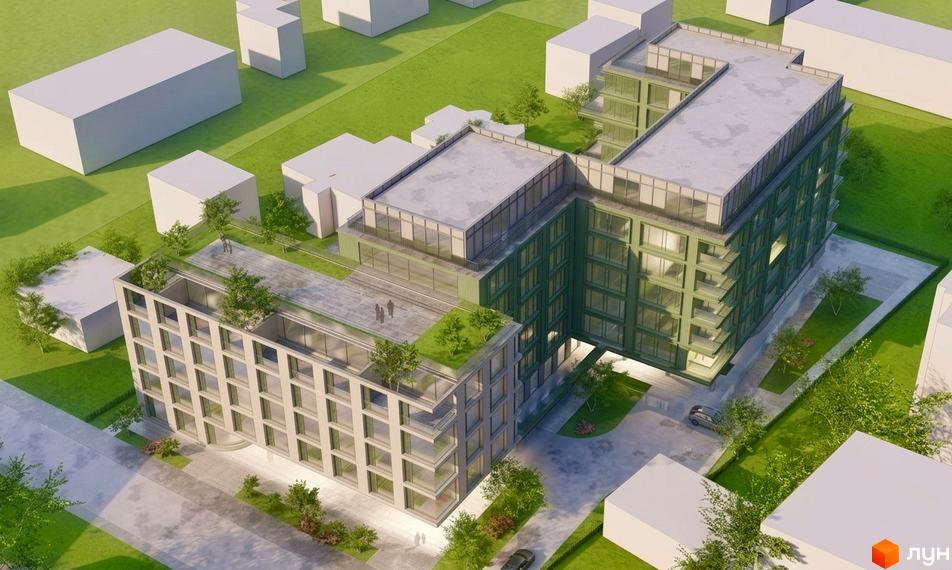 Будівельний проєкт S 32 – це сучасна багатоповерхова будівля з зеленою зоною на даху та прибудинковою територією з деревами та парковкою.