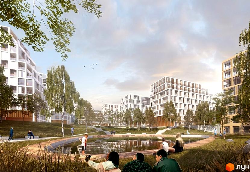 Житловий комплекс Резиденція Творців: білі багатоповерхові будинки з балконами. Прибудинкова територія з водоймою, деревами та зонами відпочинку.