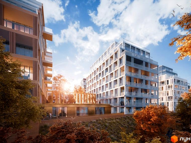 Фасади Житлового комплексу Резиденція Творців з балконами та великими вікнами, оточені осінніми деревами та облаштованою прибудинковою територією.