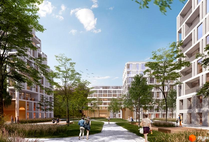 Житловий комплекс Резиденція Творців з багатоповерховими будинками світлого кольору та балконами. Прибудинкова територія має зелені насадження та пішохідні доріжки.