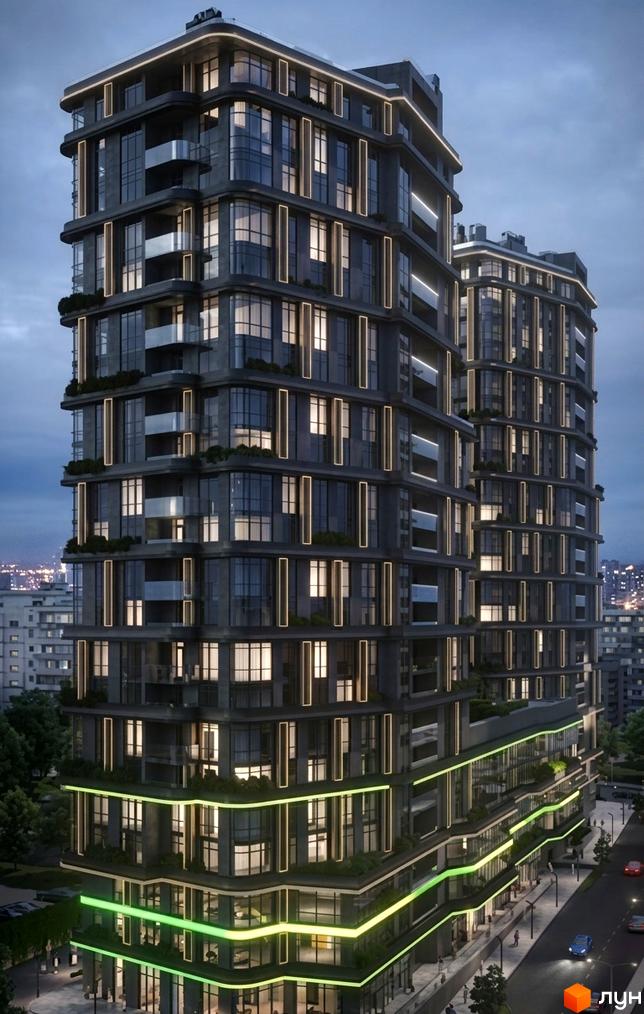 Житловий комплекс DUO Space: високі будинки з темними фасадами, великими вікнами, вертикальною та зеленою підсвіткою, в міському середовищі.