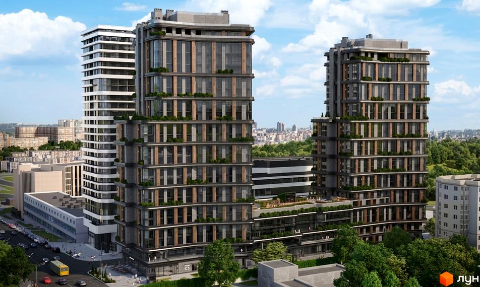 Новобудова DUO Space: дві висотні будівлі з темними фасадами, вертикальними дерев'яними елементами та озелененими балконами. Поруч дорога, зелені насадження та міський пейзаж.