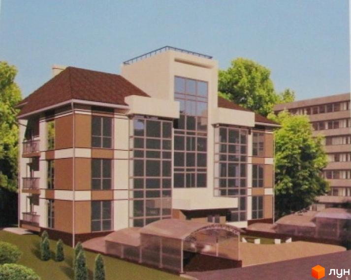 Зовнішній вигляд новобудови на вул. Старокозацька (Комсомольська), 62. Будинок має коричнево-білий фасад з великими вікнами та балконами. Перед будинком розташована прибудинкова територія з навісами.