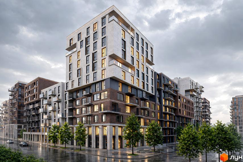 Житловий комплекс Grand Residence Chernivtsi - це сучасна новобудова з цегляним фасадом та великими вікнами, розташована на фоні хмарного неба. Навколо комплексу висаджені дерева, а вулиці мокрі від дощу.