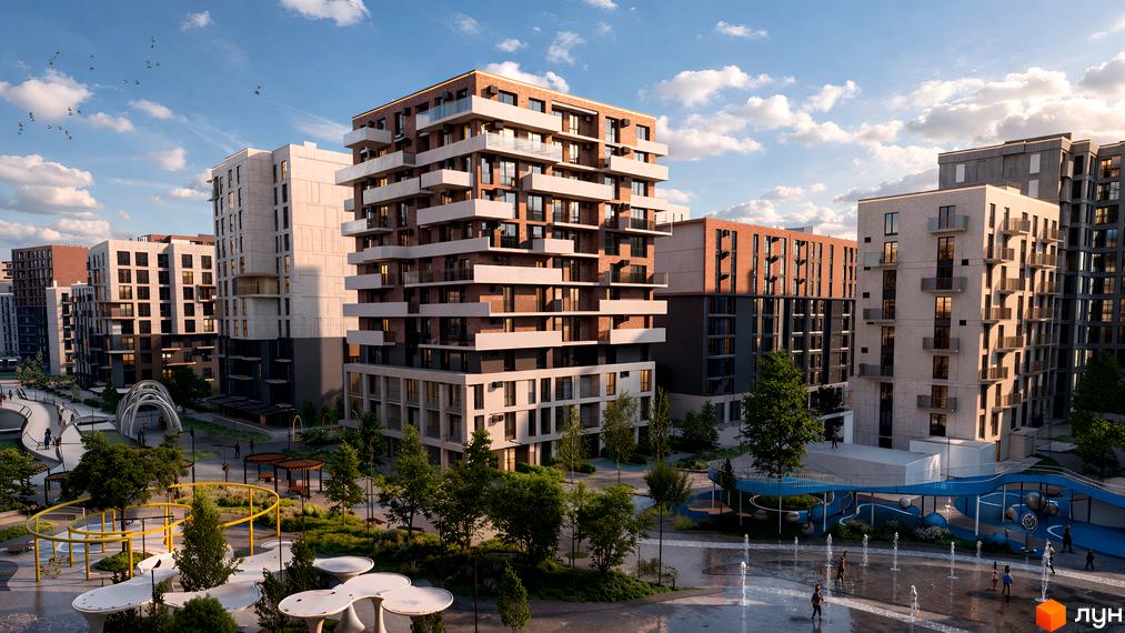 Житловий комплекс Grand Residence Chernivtsi з цегляними та світлими фасадами, балконами та прибудинковою територією з дитячими майданчиками та фонтанами.