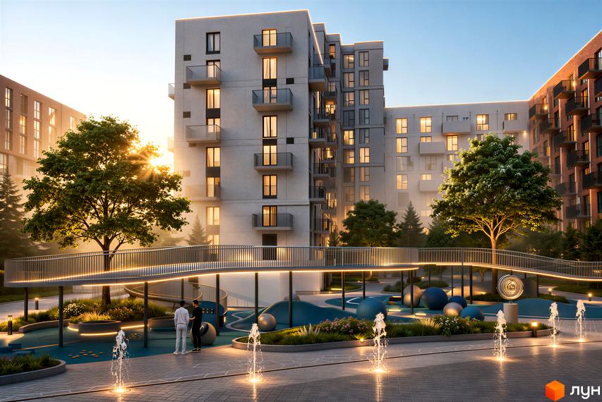 Житловий комплекс Grand Residence Chernivtsi з сучасним фасадом та облаштованим дитячим майданчиком з фонтанами.