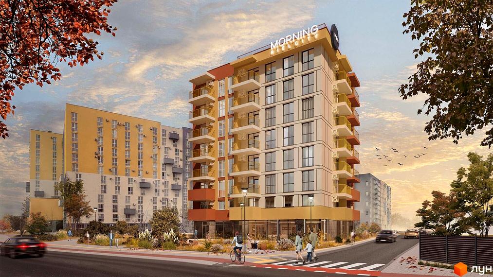 Житловий комплекс Morning - це багатоповерхові будинки з балконами та кондиціонерами, розташовані біля дороги з пішохідним переходом та деревами.