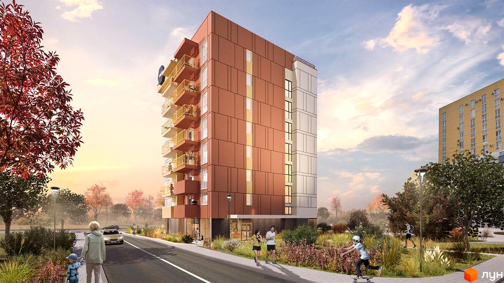 Зовнішній вигляд будинку ЖК Morning з балконами та фасадом, що нагадує цеглу, та прибудинковою територією з деревами та дорогою.