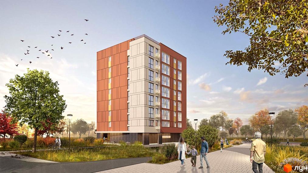 Новобудова ЖК Morning з фасадами теракотового та світло-бежевого кольору, оточена зеленим ландшафтом та алеєю для прогулянок.